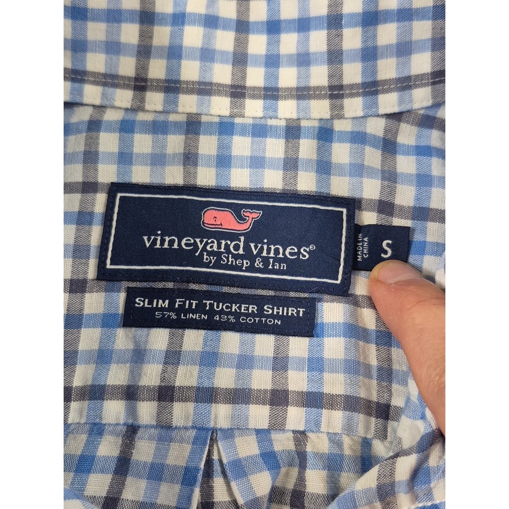 Vineyard Vines Slim Fit Tucker Shirt Plaid‎ Blue Linen Cotton Long Sleeve Small - Picture 3 of 7